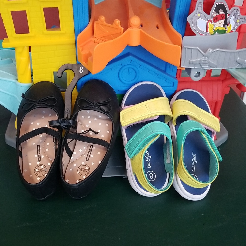 Bundle Of  Girls Black Ballet Flats and Yellow/Green/Teal Kids Sandals - Size 8
